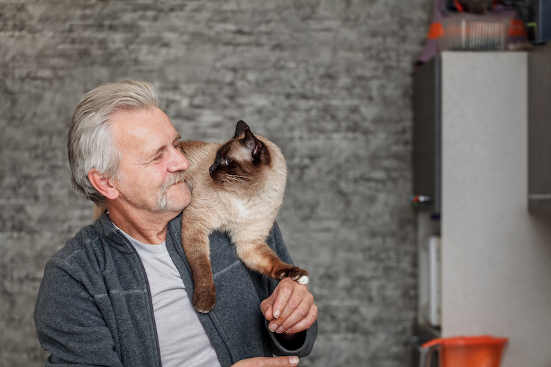 Healthy senior with cat enjoying retirement